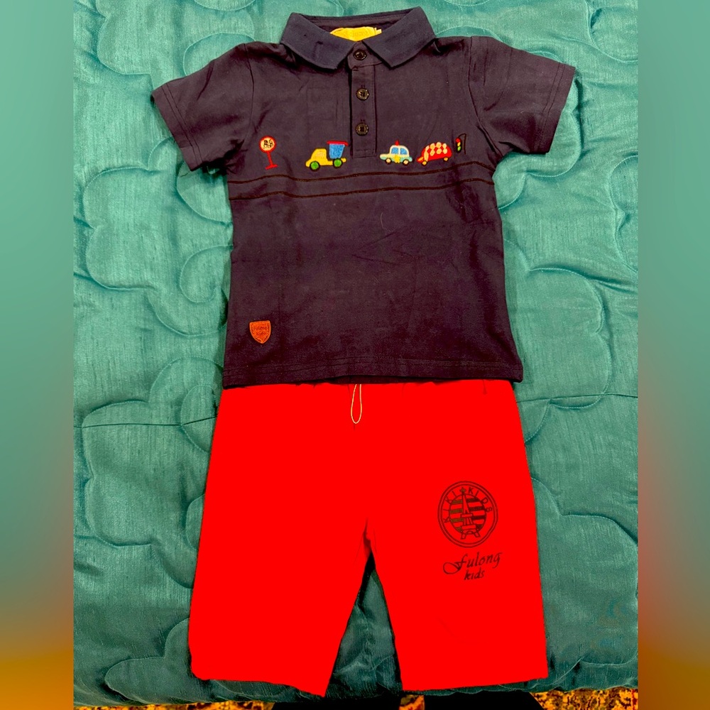 Boys Fulong Kids 3T play set. Navy polo shirted w vehicle embroidery, red pants.